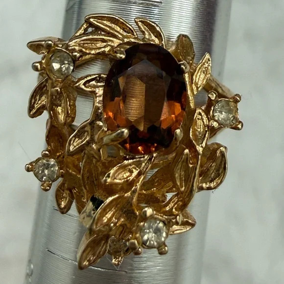 Vintage Floral Smoky Topaz Rhinestone Ring Gold Tone 18K HGE - Picture 11 of 15